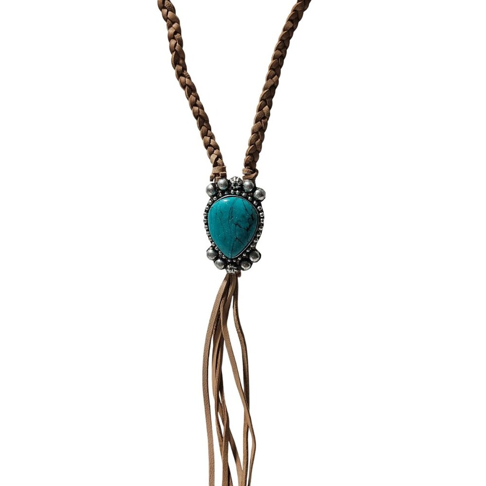 Southwest Turquoise Teardrop Pendant Braided Leather Necklace Silver Accents